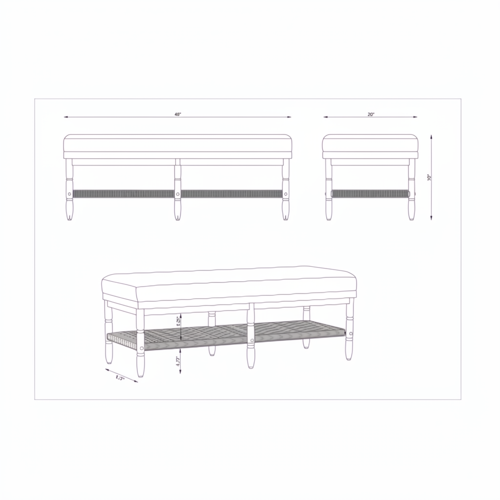 Line drawing of the 48"W x 18"H x 20"D Surya Landi Bench, showing top, front, and side views with dimensions.