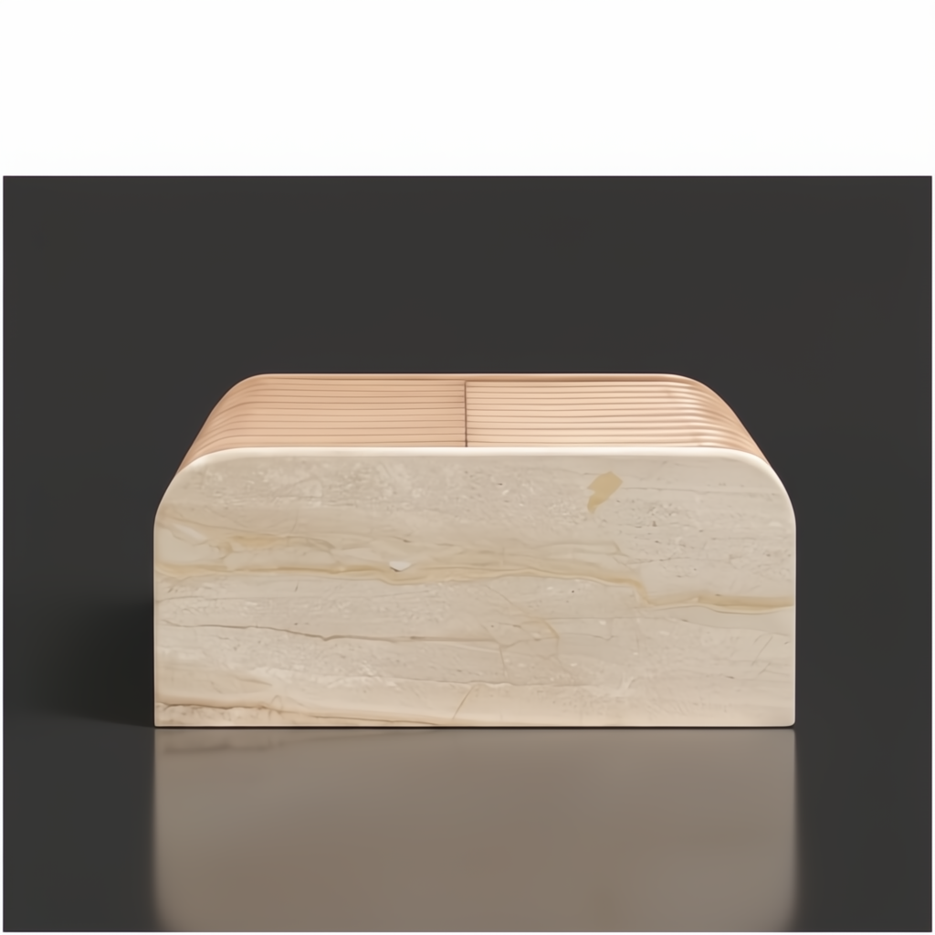 Beige polished marble top and lacquered mango wood Surya Redondo Cabinet with minimalist modern design.