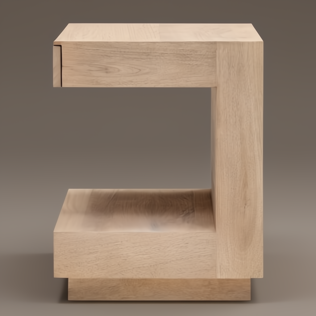 Light brown mango wood end table with minimalist modern C-shape design and open storage.