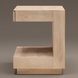 Light brown mango wood end table with minimalist modern C-shape design and open storage.