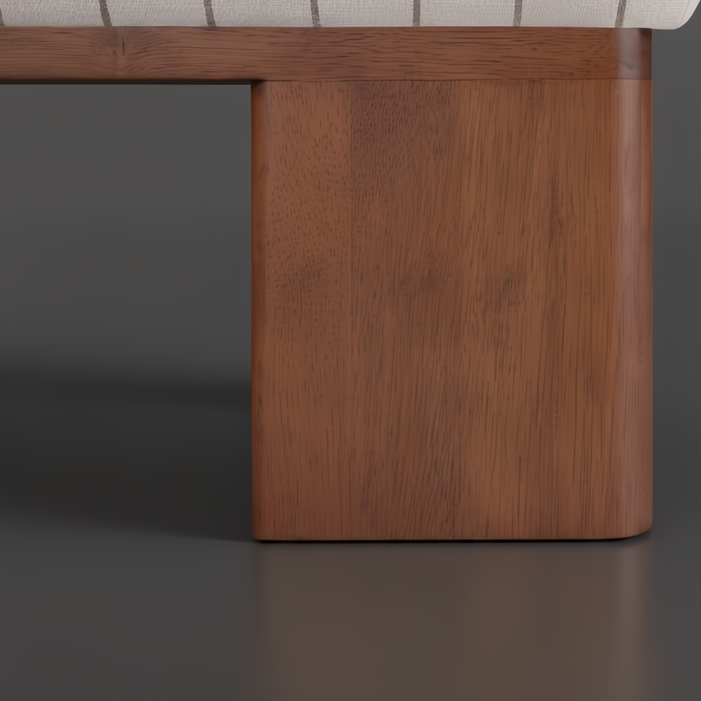 Close-up of Surya Lunara Ottoman's brown stained rubber wood base and striped polyester cushion.