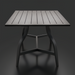 Black aluminum outdoor dining table with slatted top and curved legs.