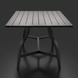 Black aluminum outdoor dining table with slatted top and curved legs.