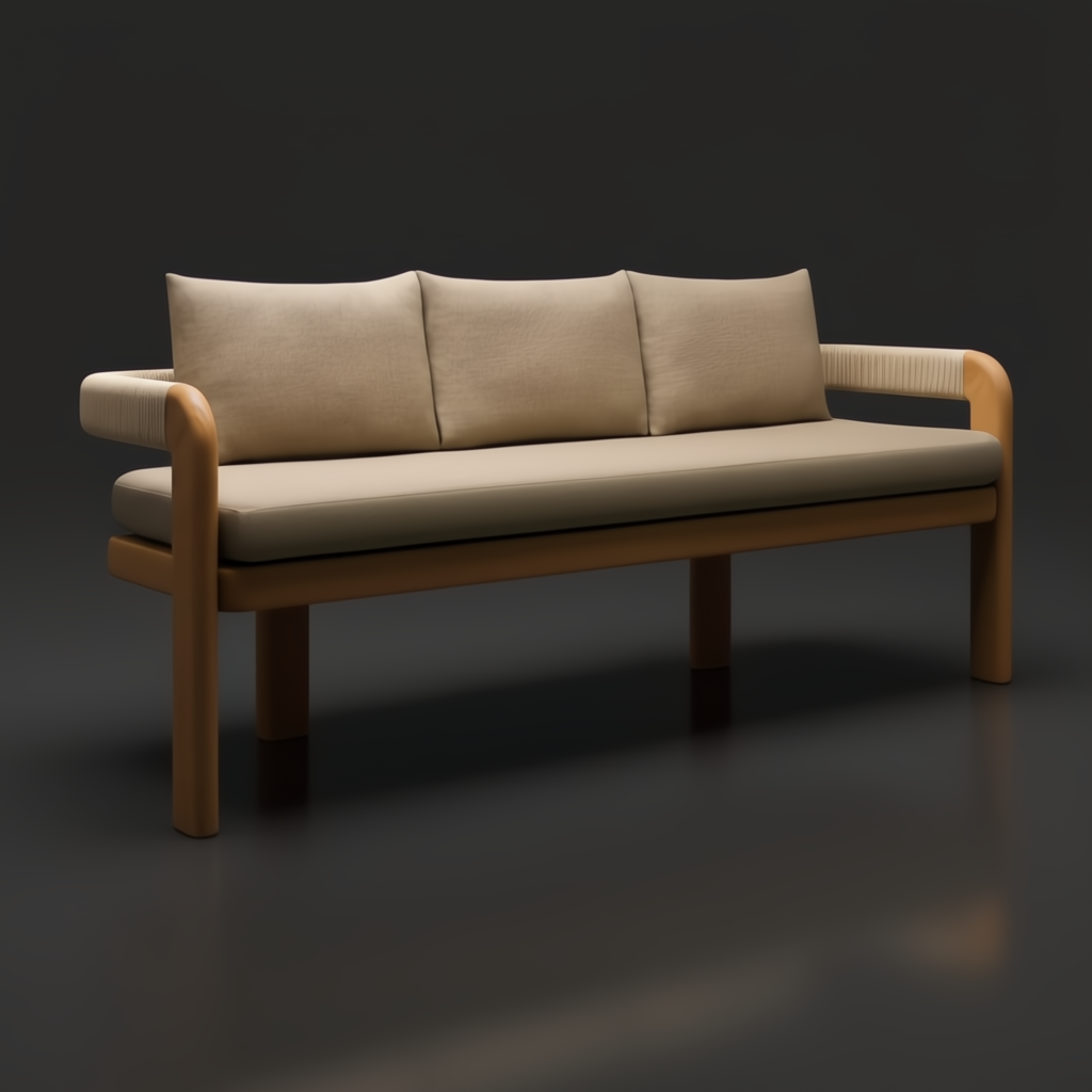 Surya Palma outdoor bench with beige Sunbrella cushions, teak wood frame, and rope-wrapped arm detail.