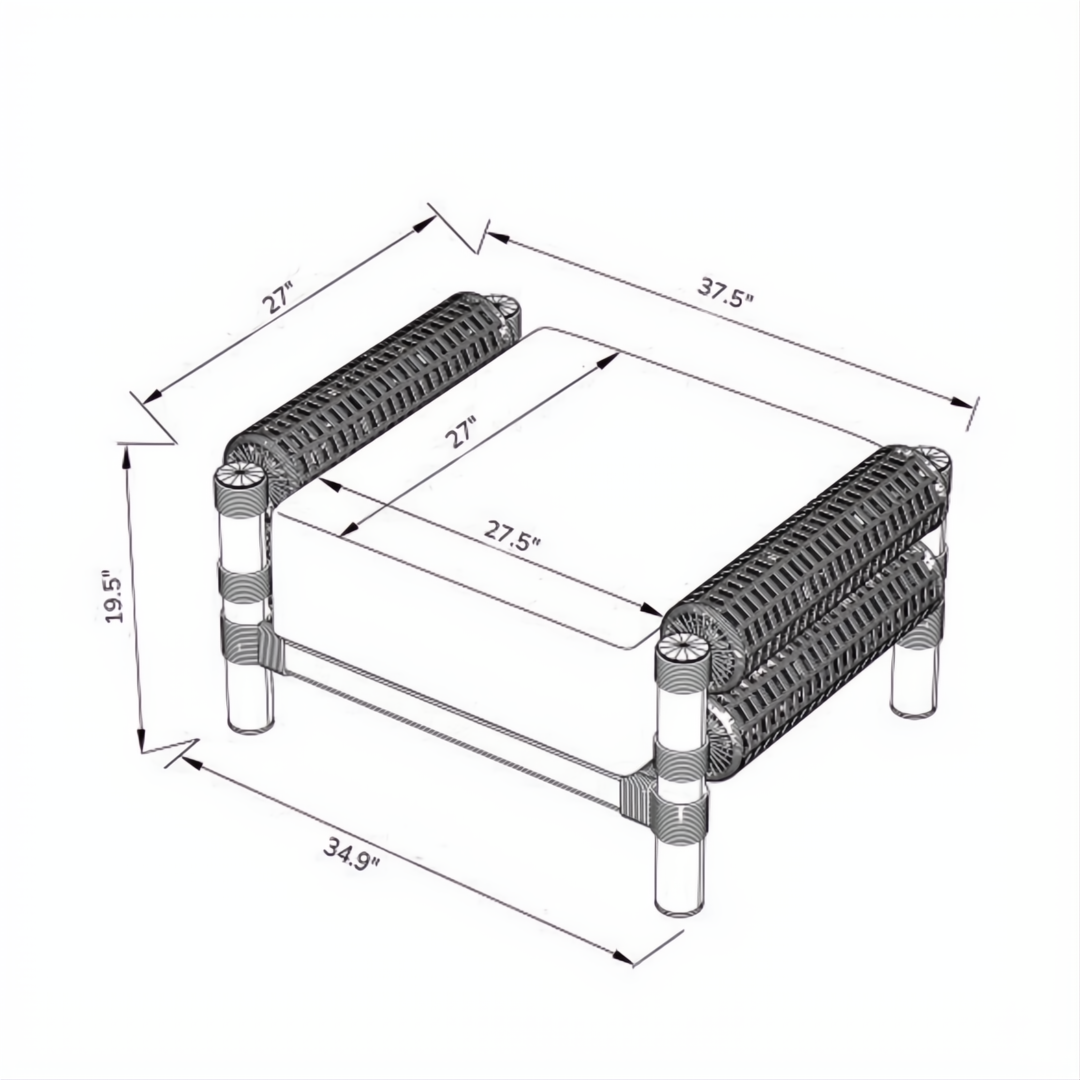 Line drawing of a Surya Porta Ottoman, showing dimensions for its brown base, cushion, and woven sides.
