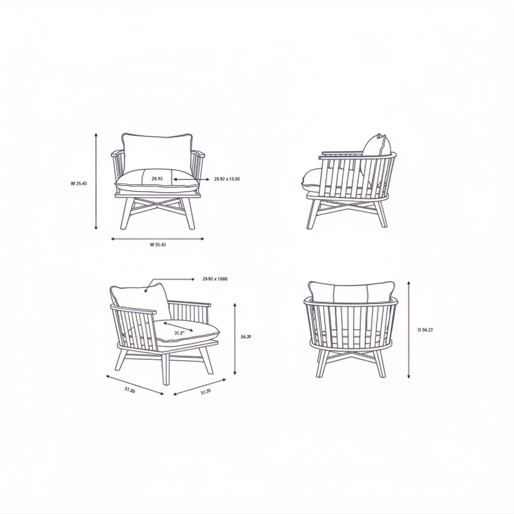 Line drawings of the Surya Arco Accent Chair from four angles with dimensions.