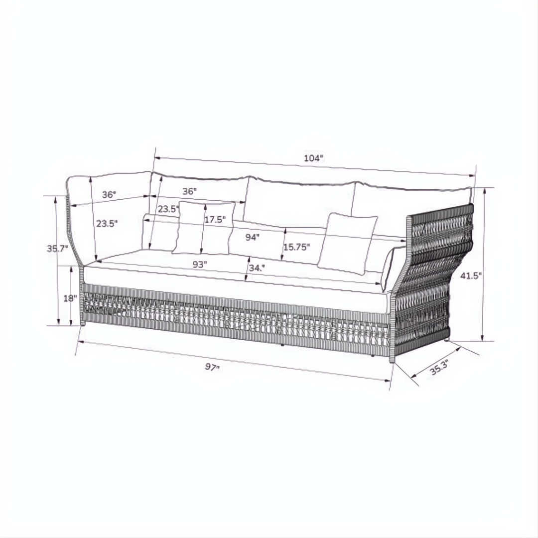 Line drawing of a Surya Winder Ottoman with dimensions, showing its outdoor design and cushioned profile.