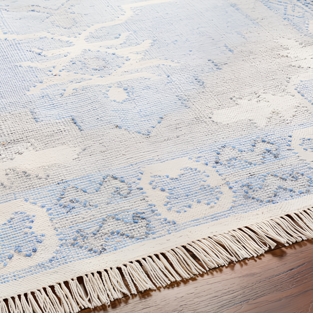 Surya Bursa hand-woven light blue and white recycled PET yarn rug with fringe.
