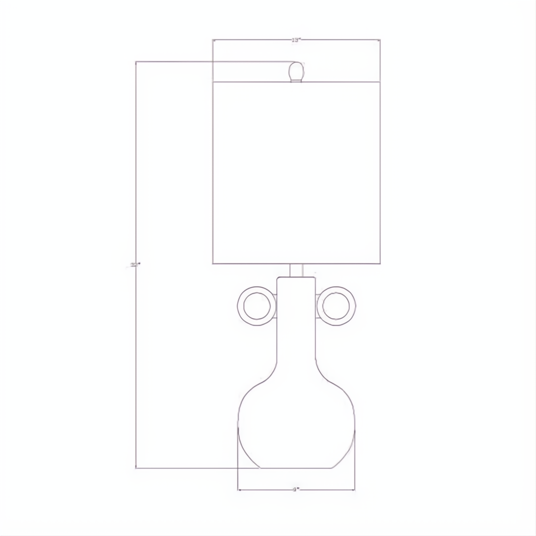 Line drawing of the Surya Brava Accent Table Lamp, showing its 23" height, 13" wide fabric shade, and 9" wide base.