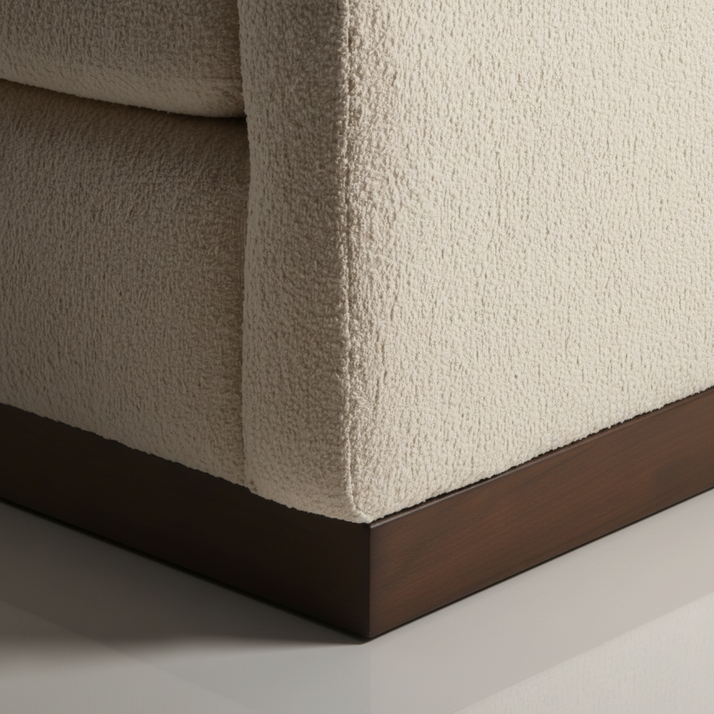 Close-up of a beige polyester swivel chair with a structured silhouette and dark brown rubber wood base.