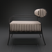 Surya Antibes black aluminum accent chair with striped Sunbrella cushions.