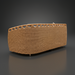 Back view of a light brown woven sofa with a curved top edge and small round feet.