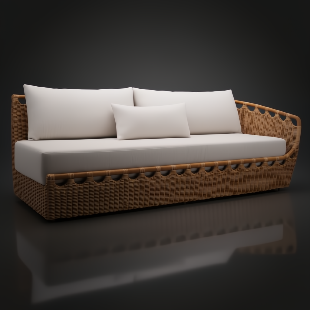 Marvella Sectional Right Arm sofa with light beige cushions and a woven brown wicker base.