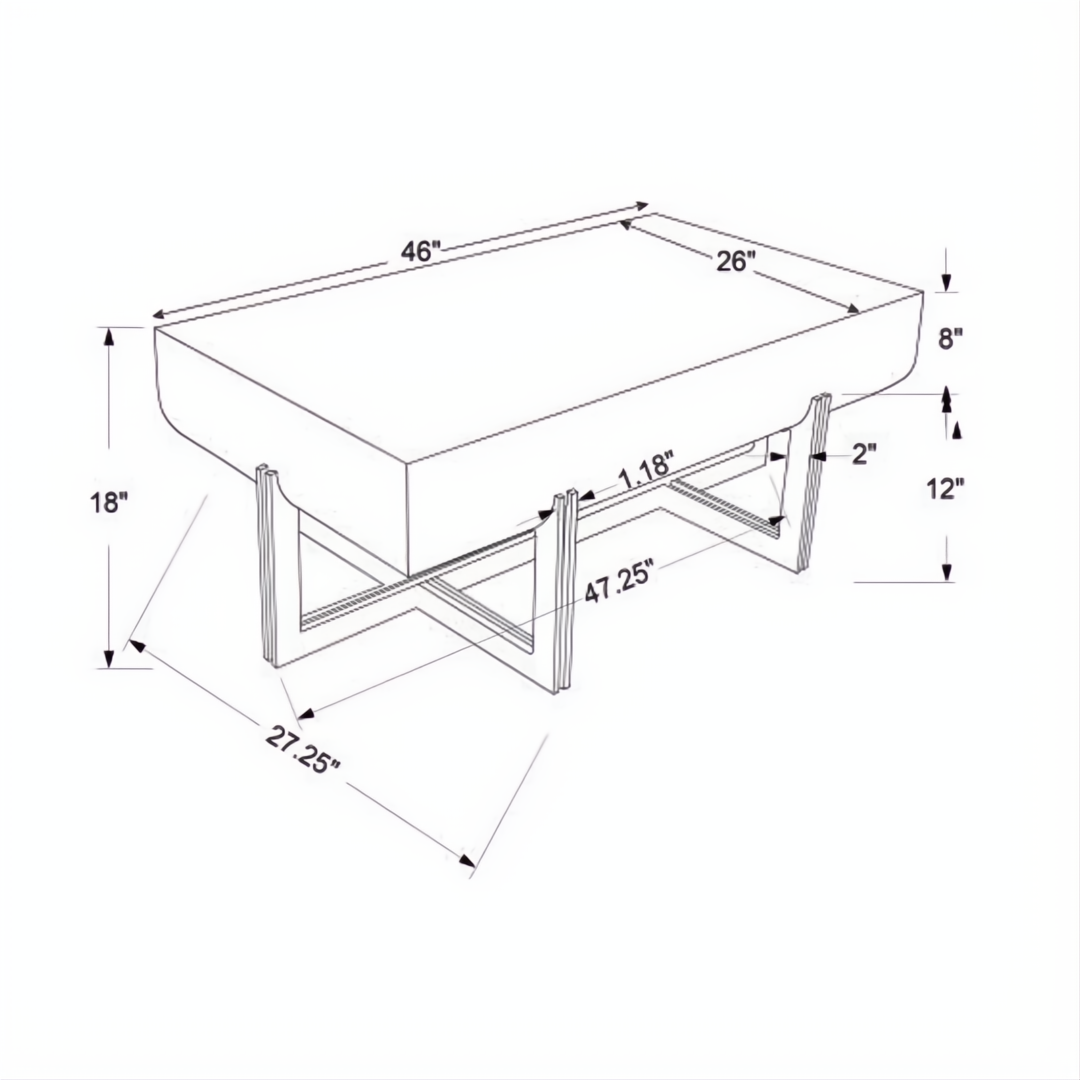Line drawing of the Surya Lowmax Coffee Table with dimensions: 18" H x 46" W x 26" D.