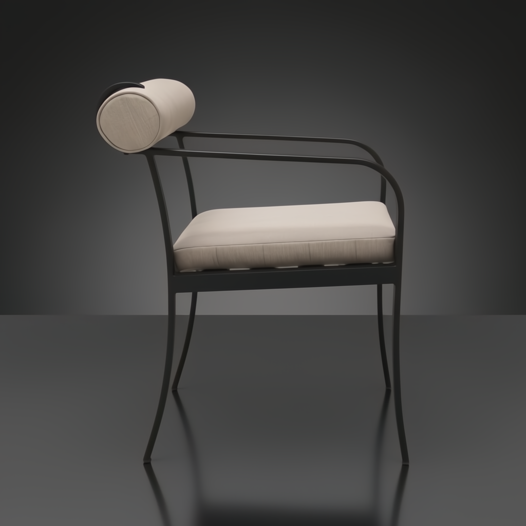 Surya Antibes dining chair with black aluminum frame and beige Sunbrella upholstery.