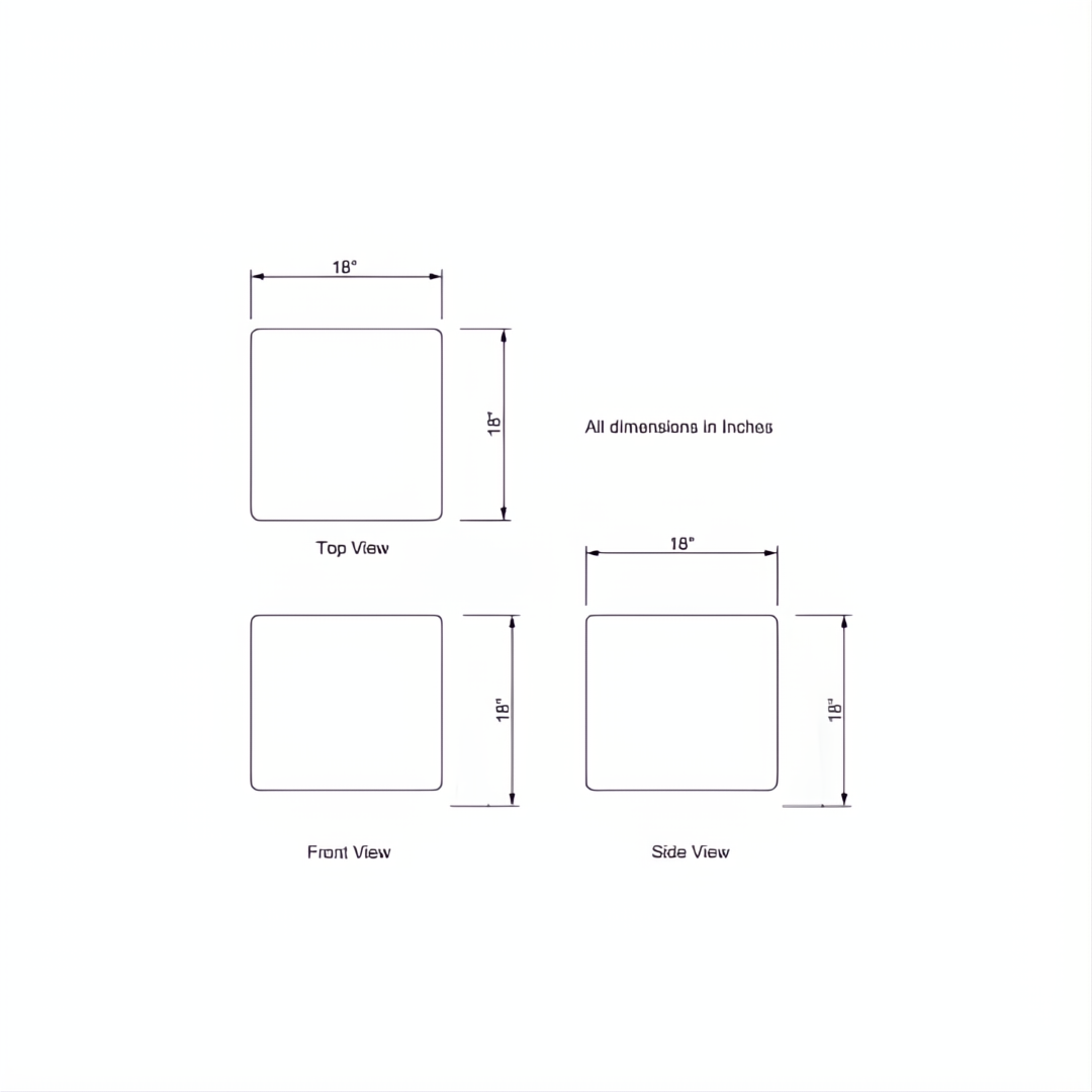 Diagram showing top, front, and side views of an 18" cube ottoman with dimensions.