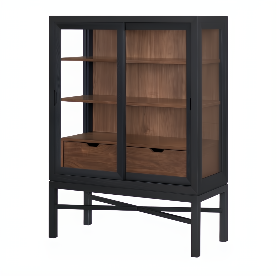Surya Marin 55" black and brown bookcase with glass doors, adjustable shelves, and two drawers.