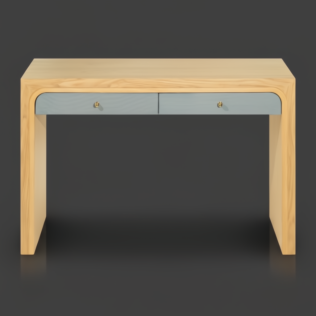 Surya Helene console table: brown lacquered oak veneer, blue resin grasscloth drawers, brass knobs.