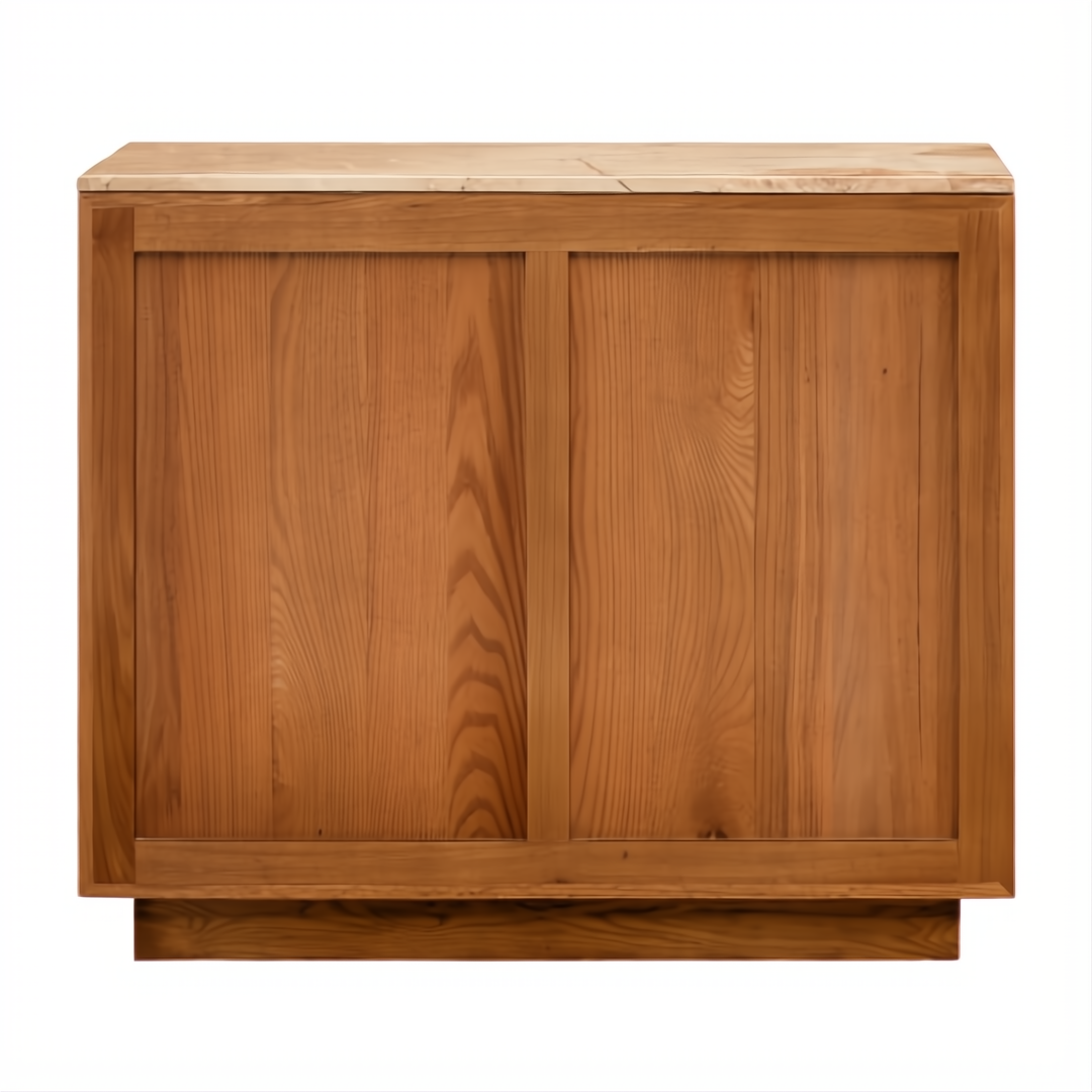 Surya Skopa mid-century modern cabinet with beige marble top and beige white oak base.