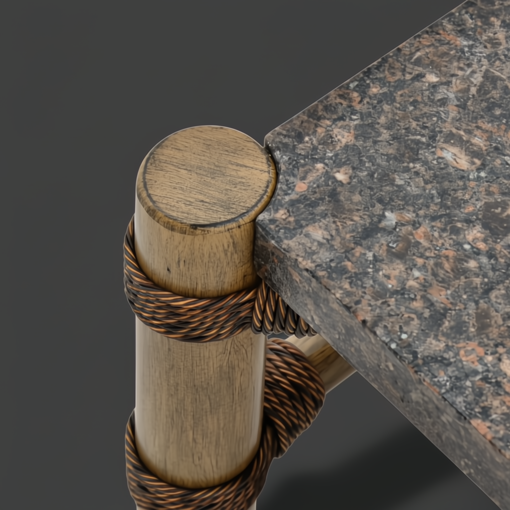 Surya Porta outdoor coffee table with charcoal matte stone top, brown hand-painted aluminum base, and PE rope detail.