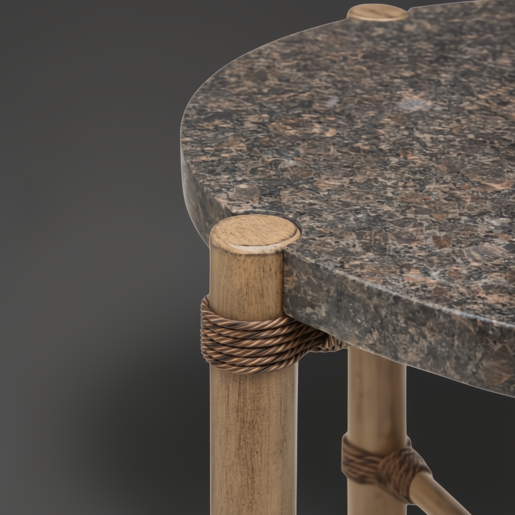 Surya Porta End Table with dark brown matte stone top, brown aluminum base, and PE rope detail.