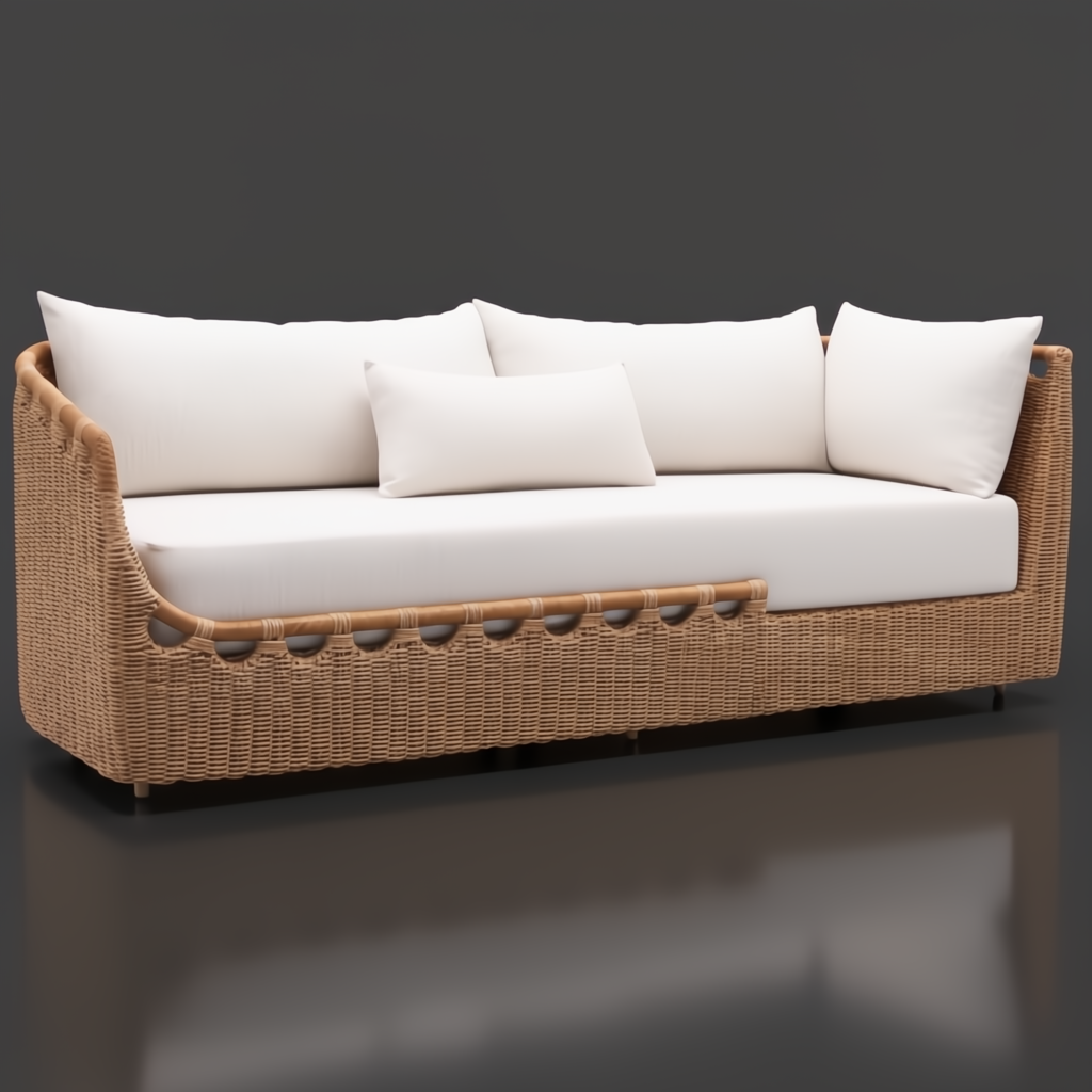 Marvella outdoor sectional with light brown woven base, white Sunbrella cushions, and a unique arm design.