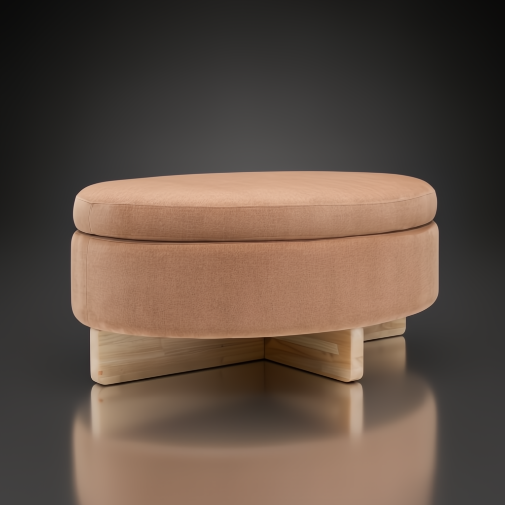 Surya Corson storage ottoman with brown and peach polyester upholstery and a light wood base.