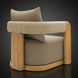 Surya Palma outdoor swivel chair with natural teak wood frame, woven rope arms, and beige Sunbrella cushions.