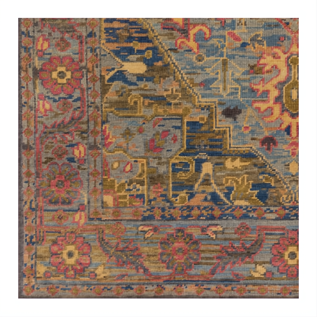 Hand-knotted Surya Cappadocia wool rug with intricate patterns in dusty sage, mauve, blue, mustard, and olive.