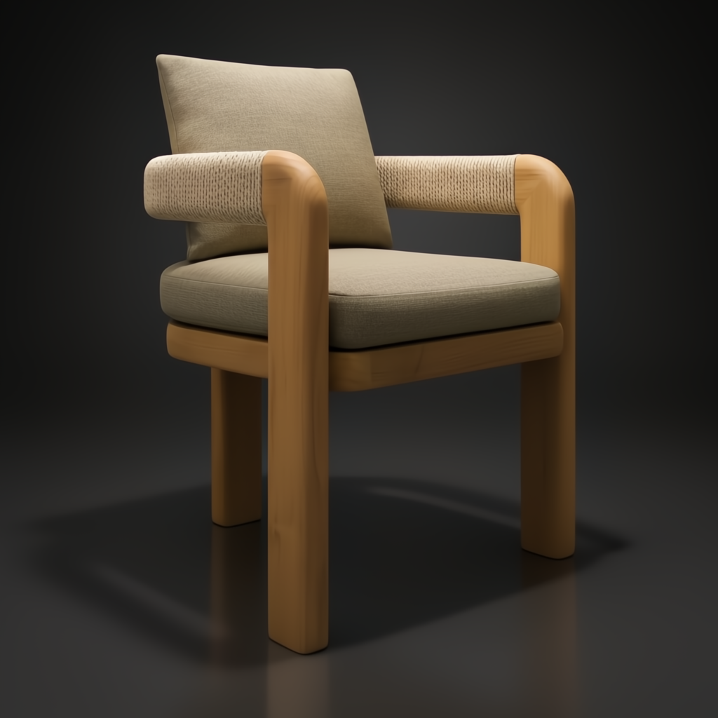 Taupe Surya Palma dining chair with Sunbrella acrylic upholstery, teak wood base, and woven armrests.