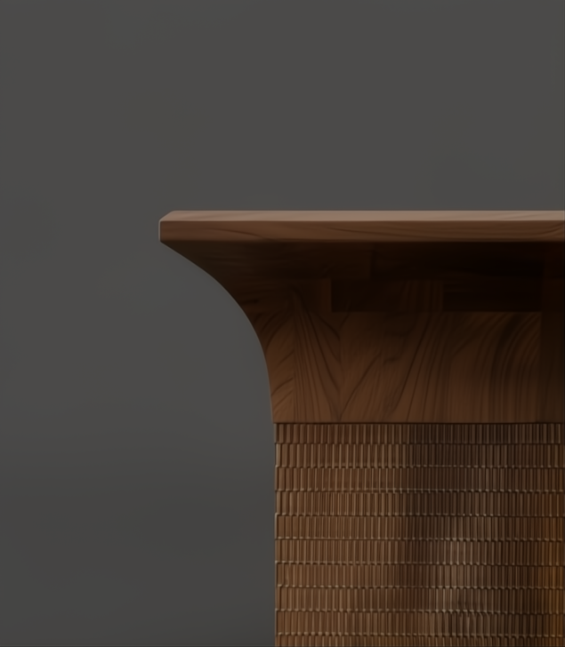 Surya Langford brown mango wood end table with a lacquered finish and textured base.