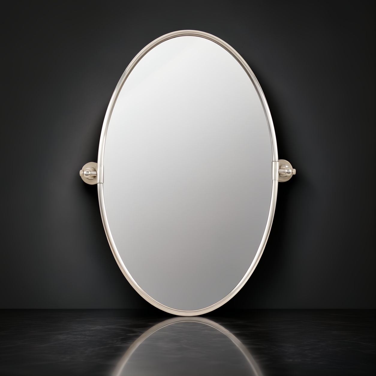 Surya Burnish oval wall mirror with antiqued metallic silver brass frame, vertically mounted.