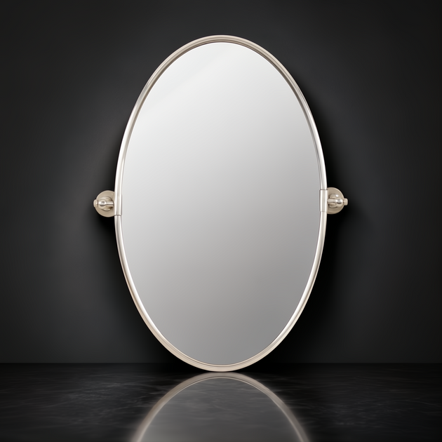 Surya Burnish oval wall mirror with antiqued metallic silver brass frame, vertically mounted.