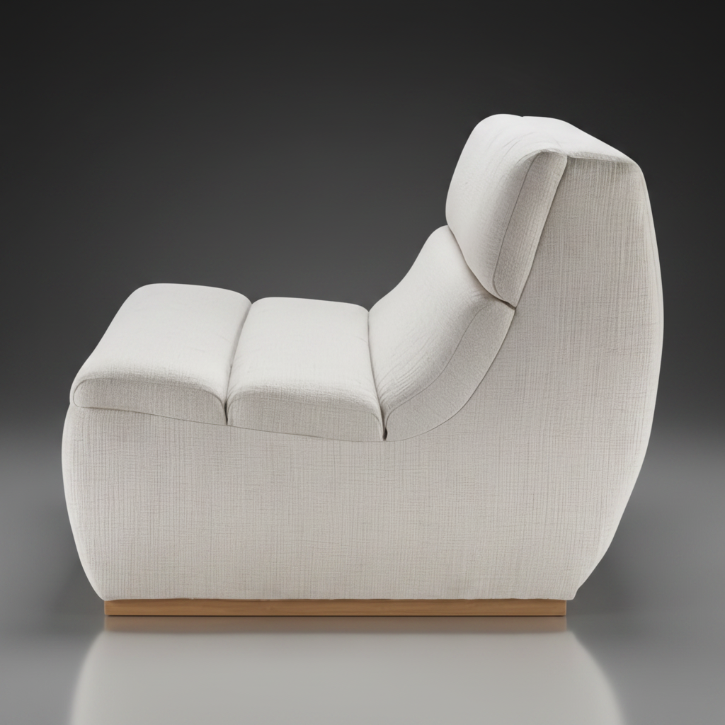 Modern white polyester Barber lounger with a gray rubber wood base and cushioned, structured design.