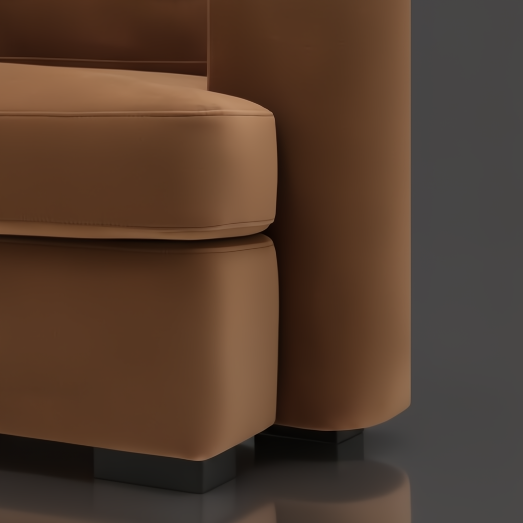 Close-up of a modern Surya Cahill accent chair in brown polyester with a charcoal painted rubber wood base.