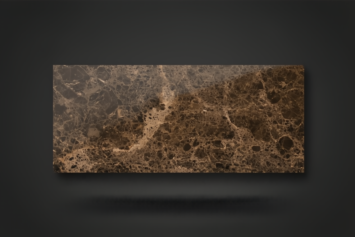 Brown marble slab with intricate white and dark brown veining on a dark gray background.