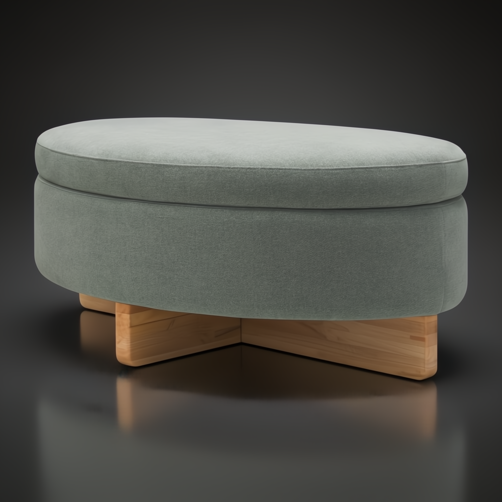 Surya Corson Storage Ottoman: oval, green polyester upholstery, brown rubber wood base.