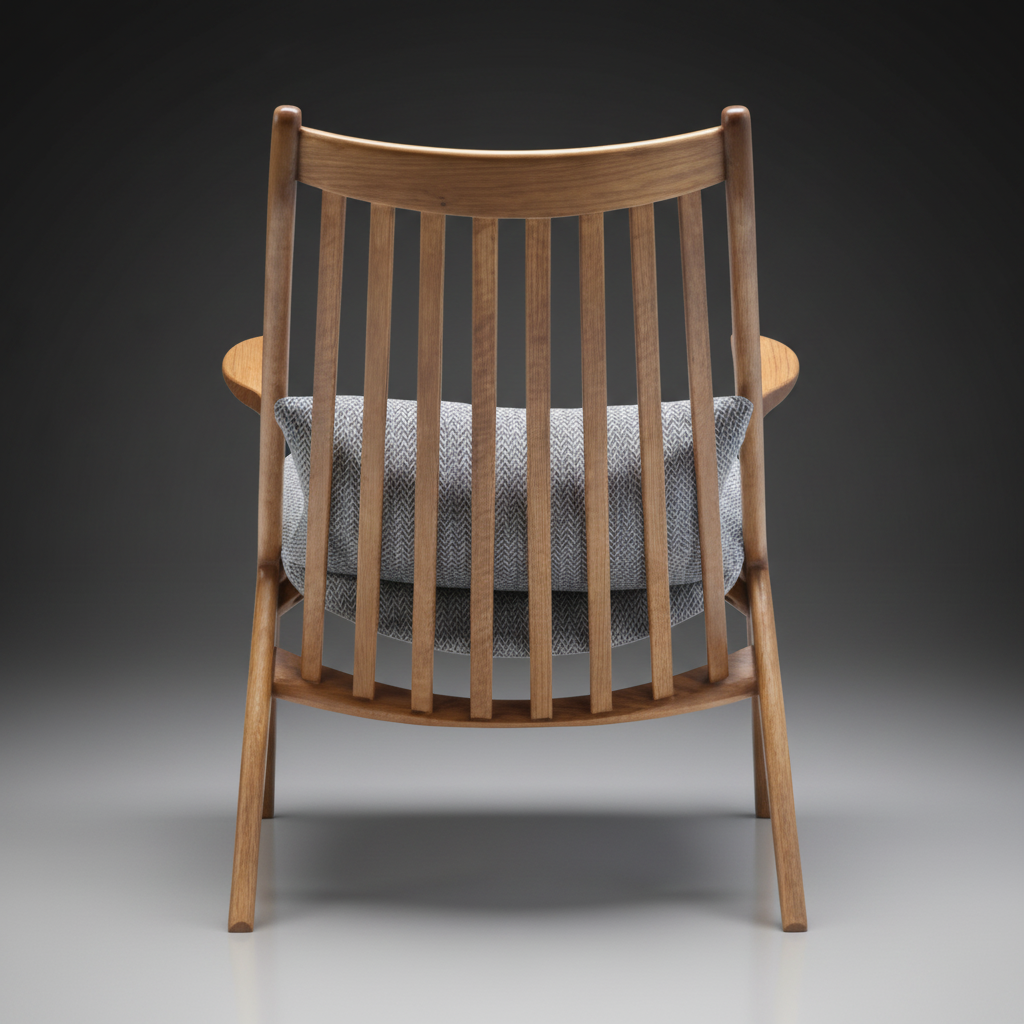 Rear view of a modern wooden accent chair with a slatted back and gray herringbone cushions.