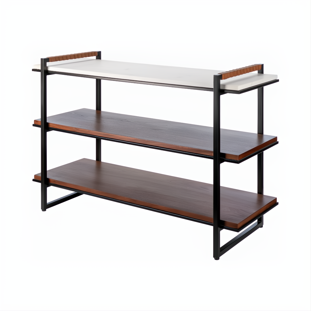 Surya Novelle Bookcase with white marble top, metallic bronze iron frame, stained acacia shelves, and leather handles.