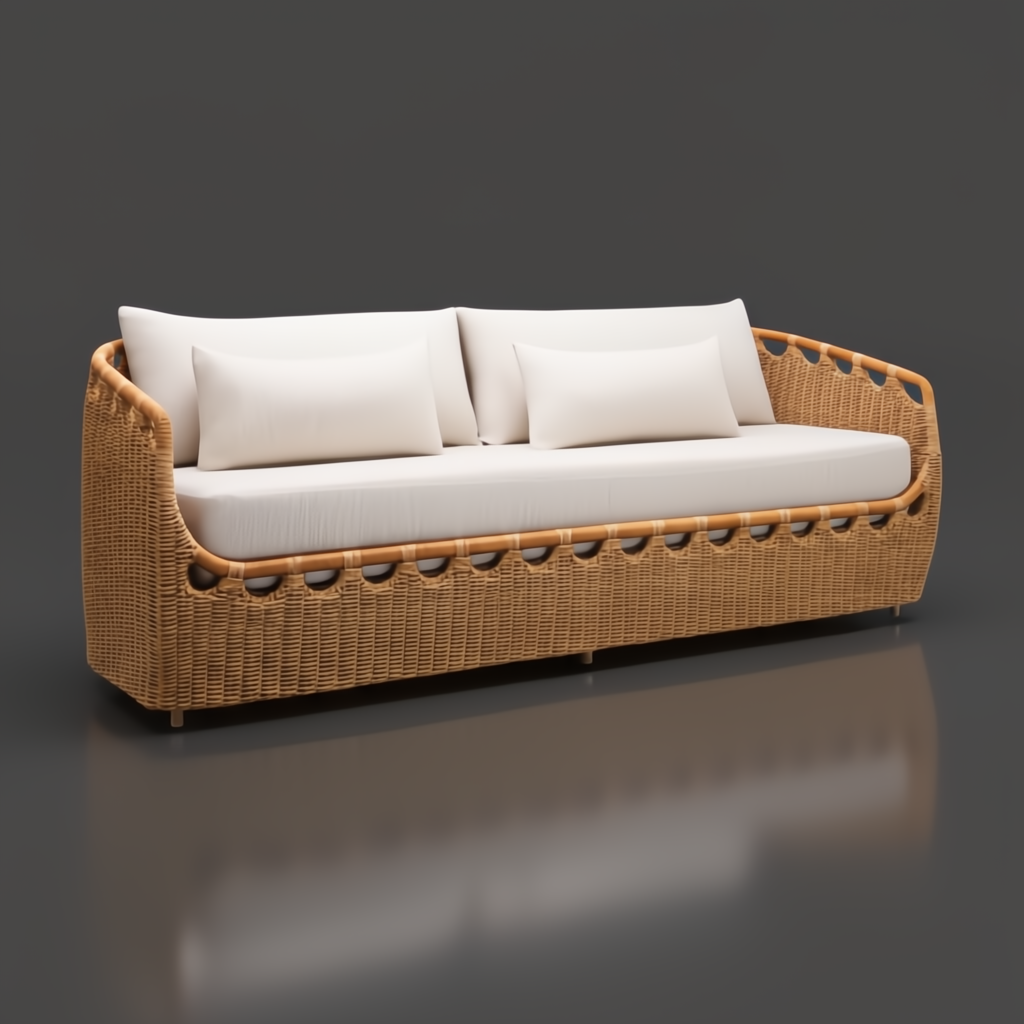 Surya Marvella indoor/outdoor sofa with light beige cushions and a woven wicker-style base.