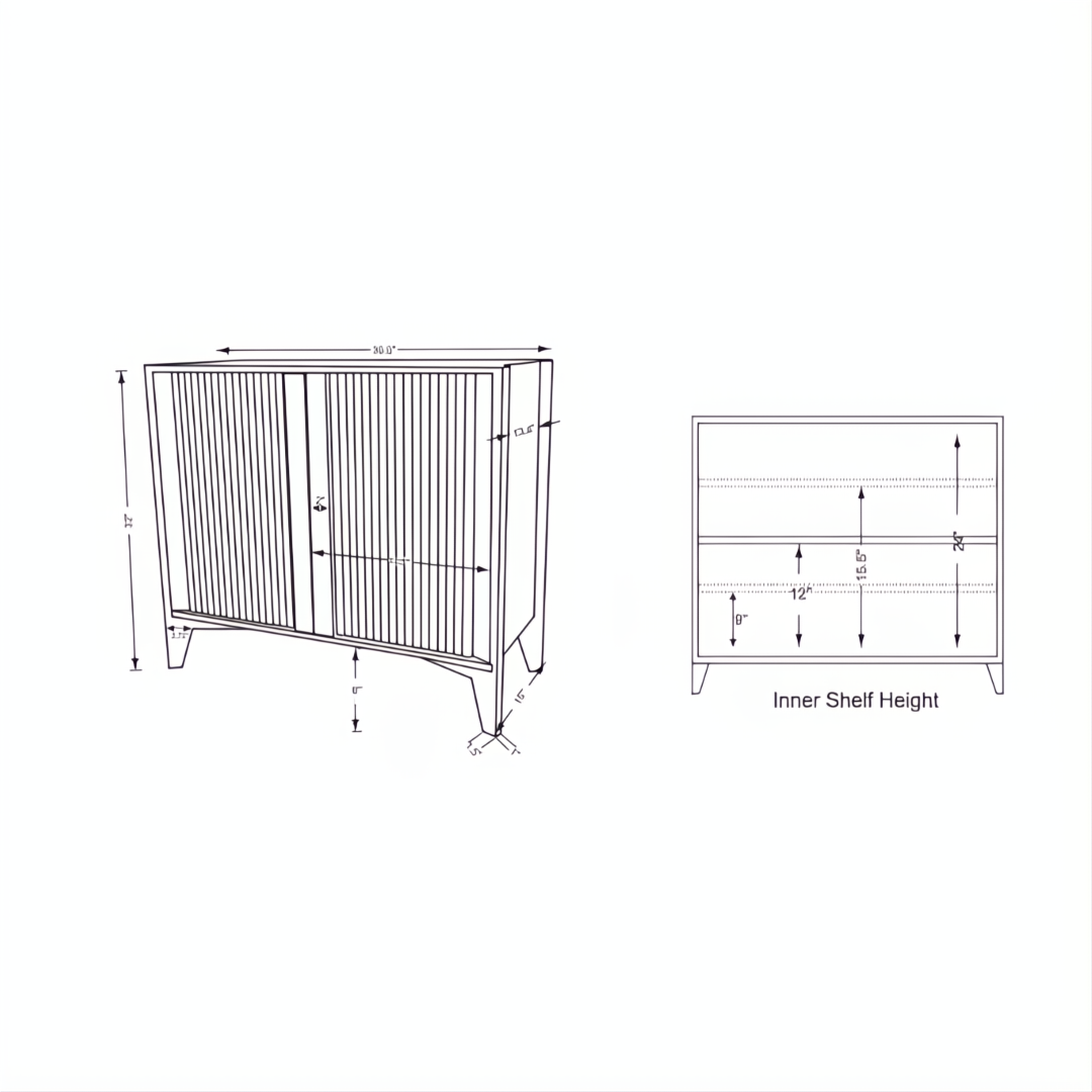 Line drawing of the Surya Ronan Cabinet, showing its 32"H x 37"W x 16"D dimensions and adjustable shelf.