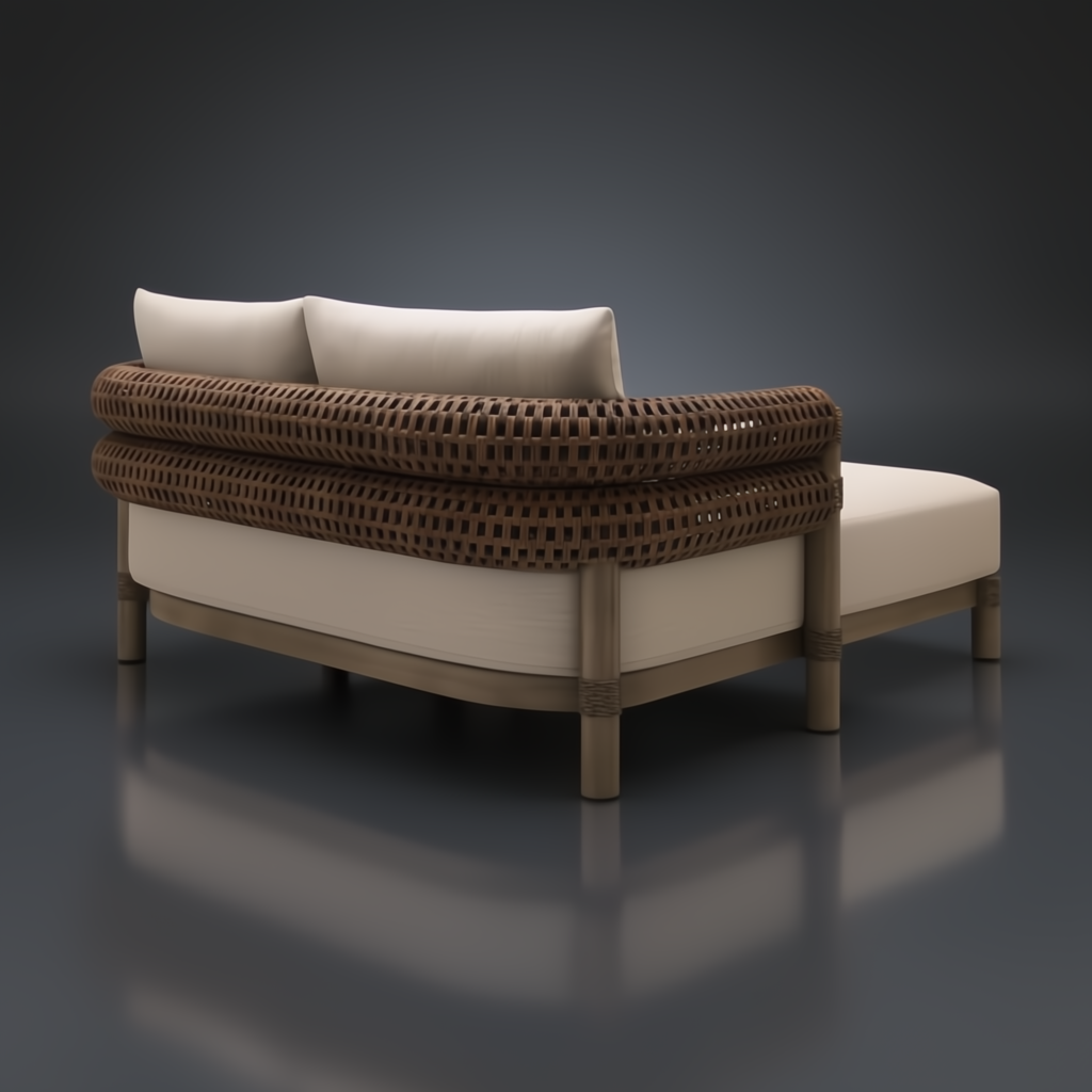 Surya Porta Daybed with beige Sunbrella cushions, brown handwoven PE wicker, and aluminum base.