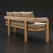 Surya Palma Bench with beige Sunbrella cushions, teak wood base, and PE rope-wrapped arm detail.