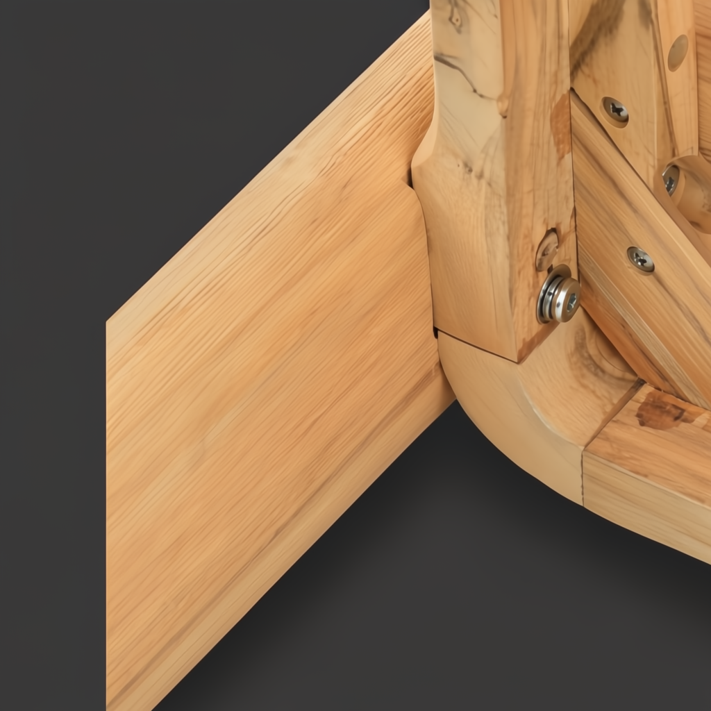 Close-up of Surya Palma Bench's natural teak wood frame and sturdy corner joint with visible screws.