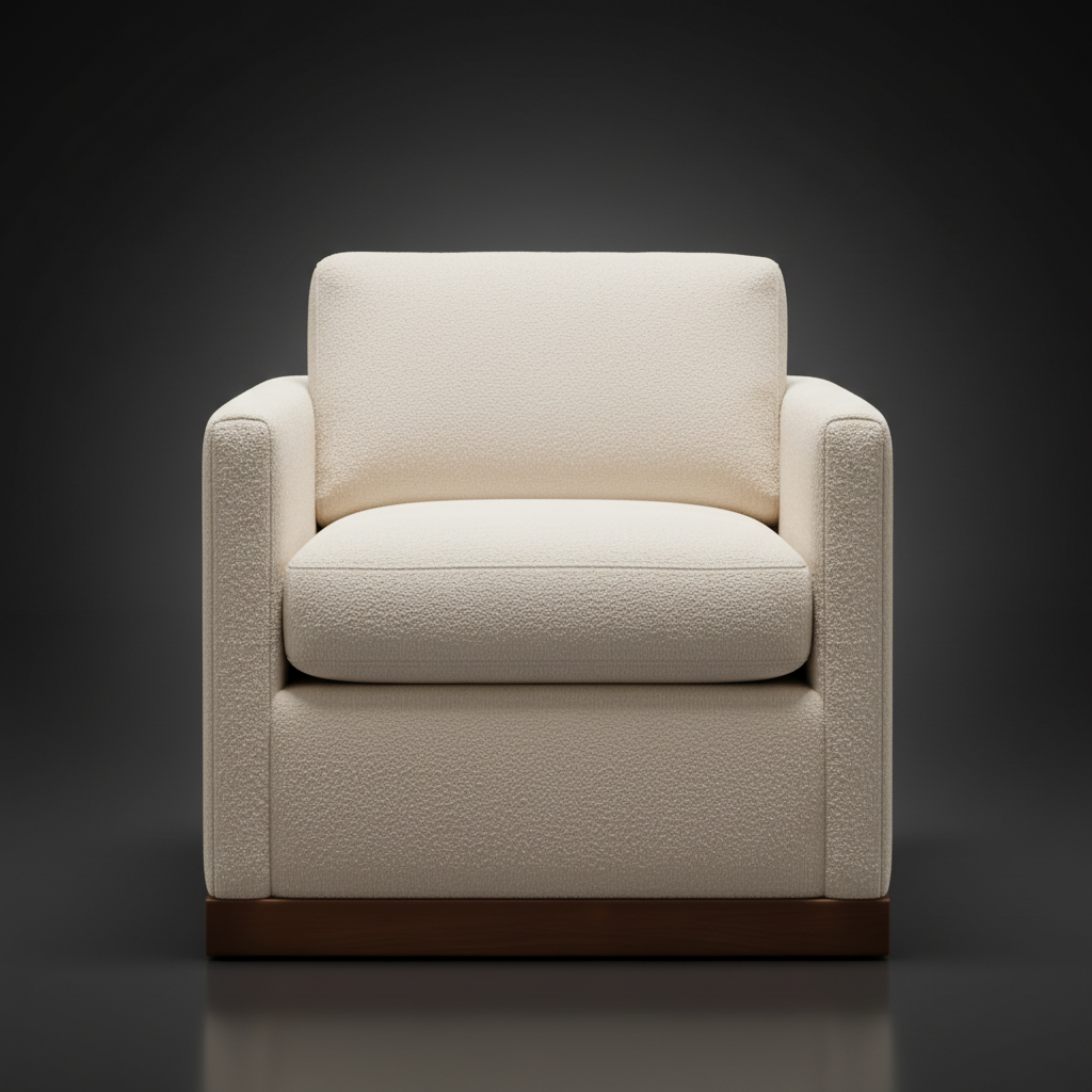 Beige polyester swivel chair with structured silhouette, squared arms, and a brown wood base.