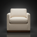 Beige polyester swivel chair with structured silhouette, squared arms, and a brown wood base.