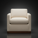 Beige polyester swivel chair with structured silhouette, squared arms, and a brown wood base.