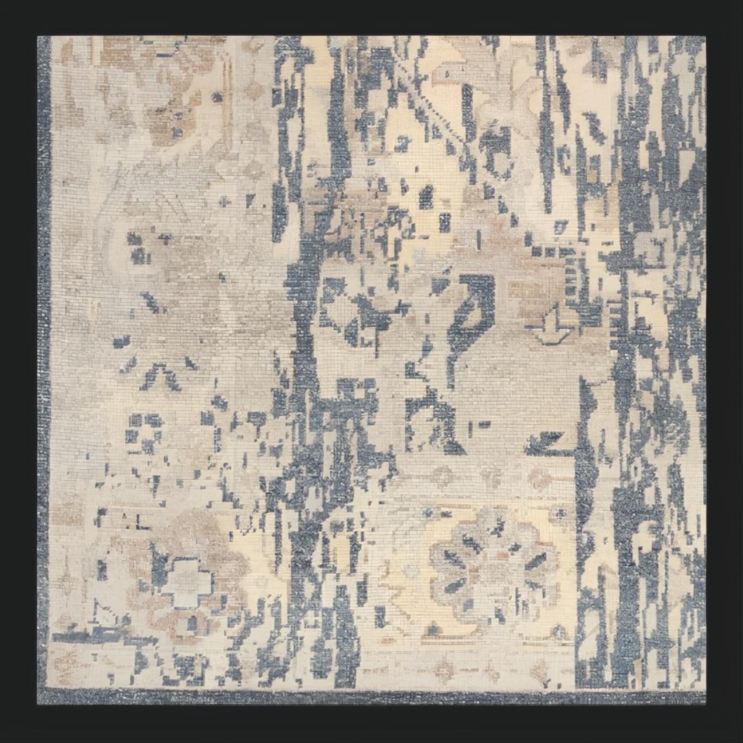 Hand-knotted wool area rug with traditional charcoal, wheat, and taupe abstract design, low pile, and fringe.