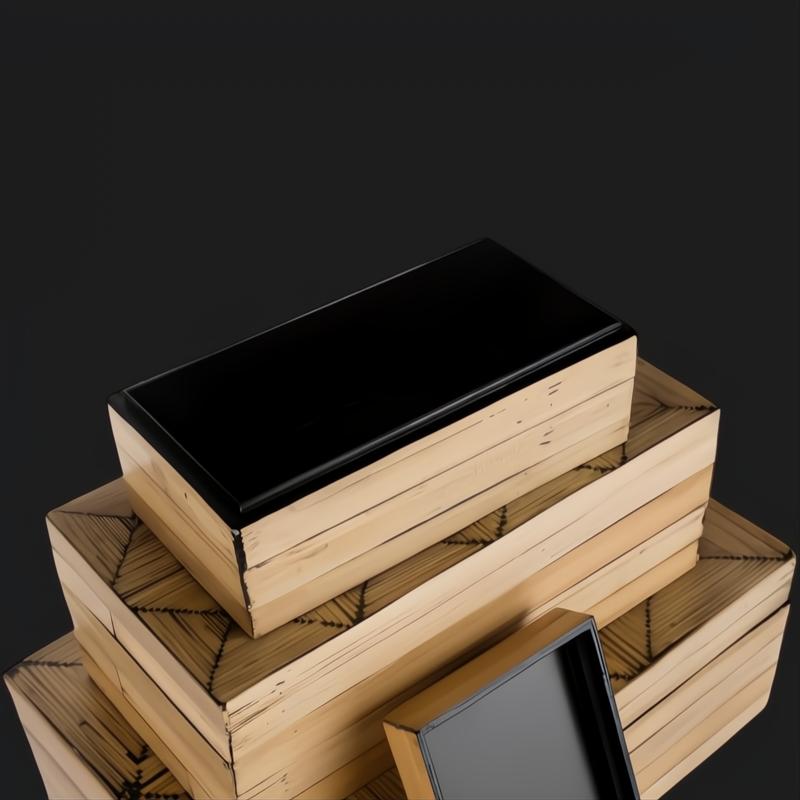 Surya Cane Garden decorative box set: three natural bamboo boxes with dark brown hand-painted lids, stacked.