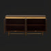Surya Molander MLDR-002 sideboard with brown stained oak veneer top, metallic brass steel, and open soft-close doors.